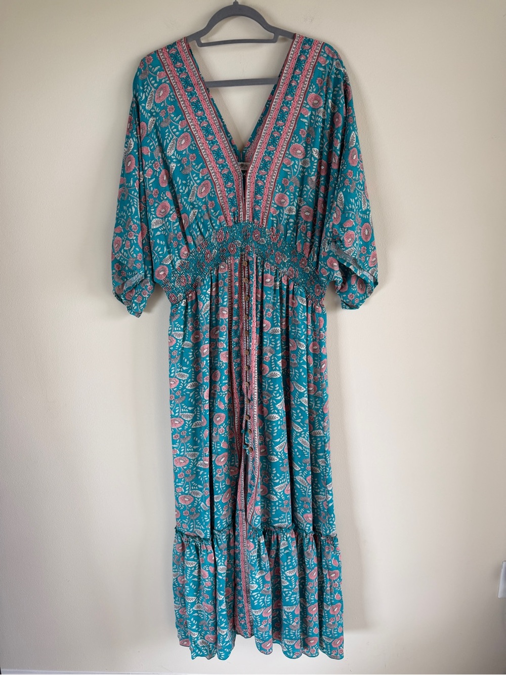Natural Life Maxi Dress Beach Cover Up Floral Print Smocked Waist Rayon XL Boho